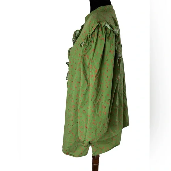 Eloquii Green Printed Button Down Shirt with Ruffle front and ruffle shoulder - Picture 7 of 13
